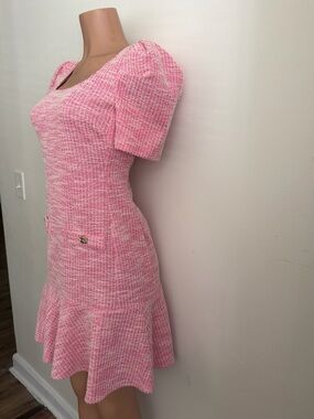 Karl Lagerfeld Pink Tweed Midi Dress with Puff Sleeves